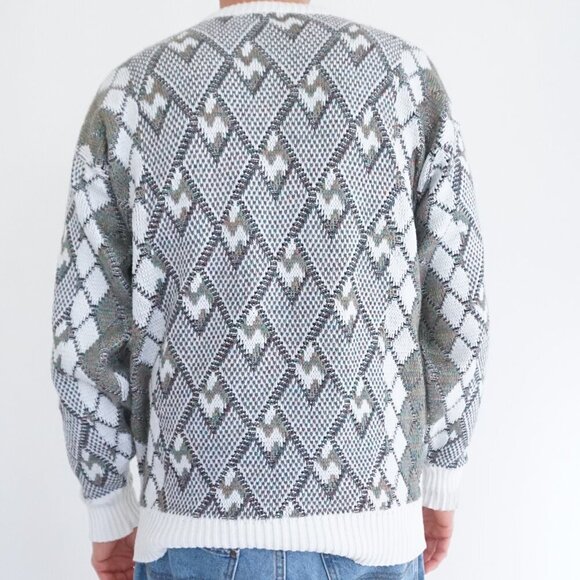 '80s Lavane White Teal 3D Argyle Biggie Cosby Eclectic Knit Crew Neck Sweater M - Picture 2 of 9